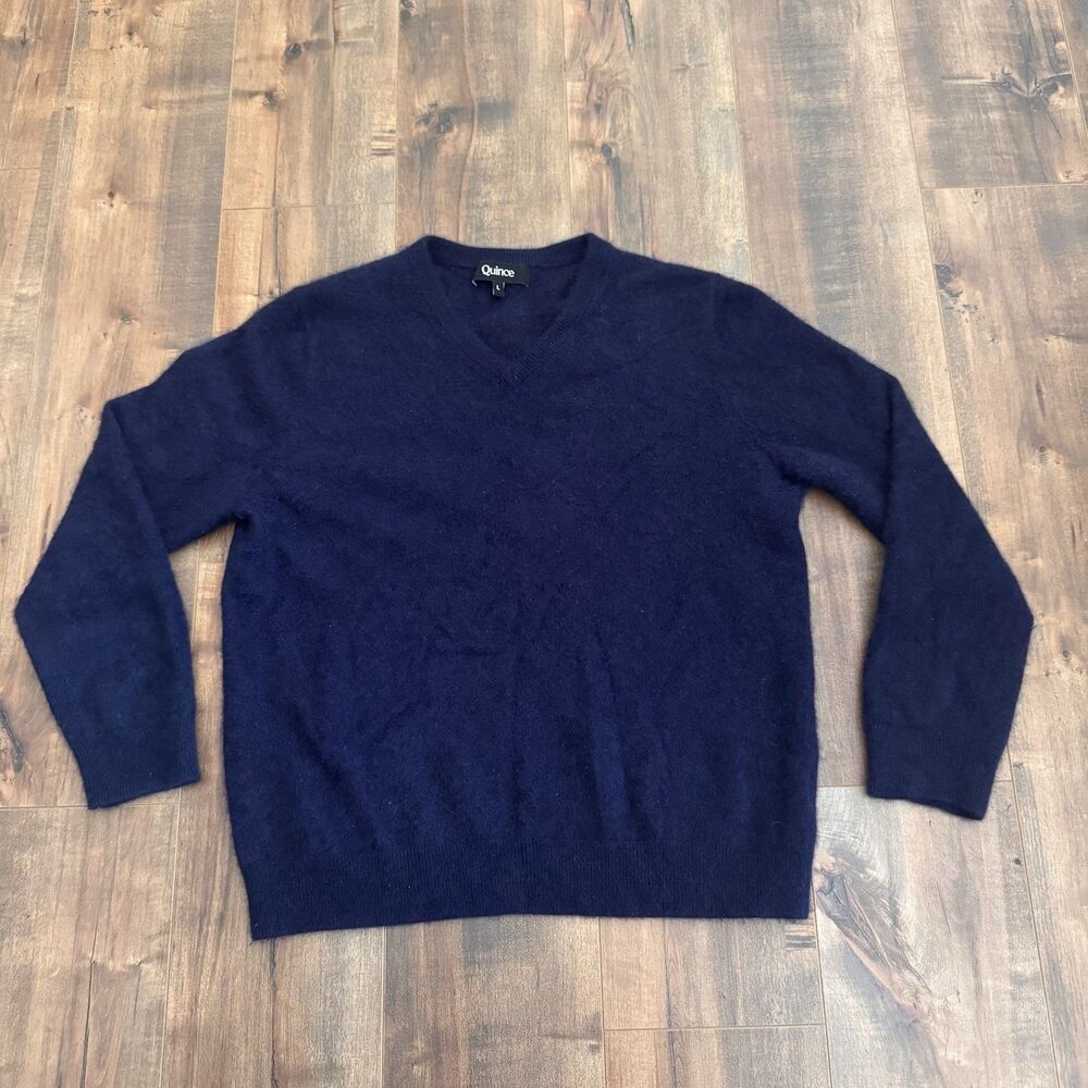 Quince Women Cashmere V-Neck Sweater Navy Blue Top Large Soft Cozy Warm